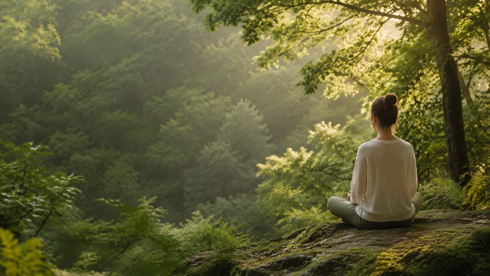Meditierende Person in einem warm beleuchteten, ruhigen Wald