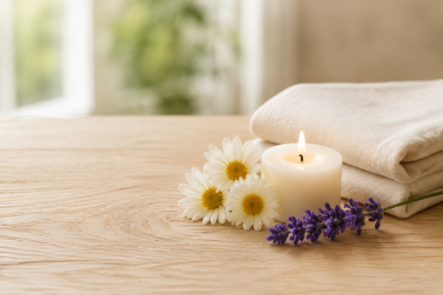 Kerze, Kamillenblüten, Lavendel und Leinen in ruhiger Spa-Atmosphäre